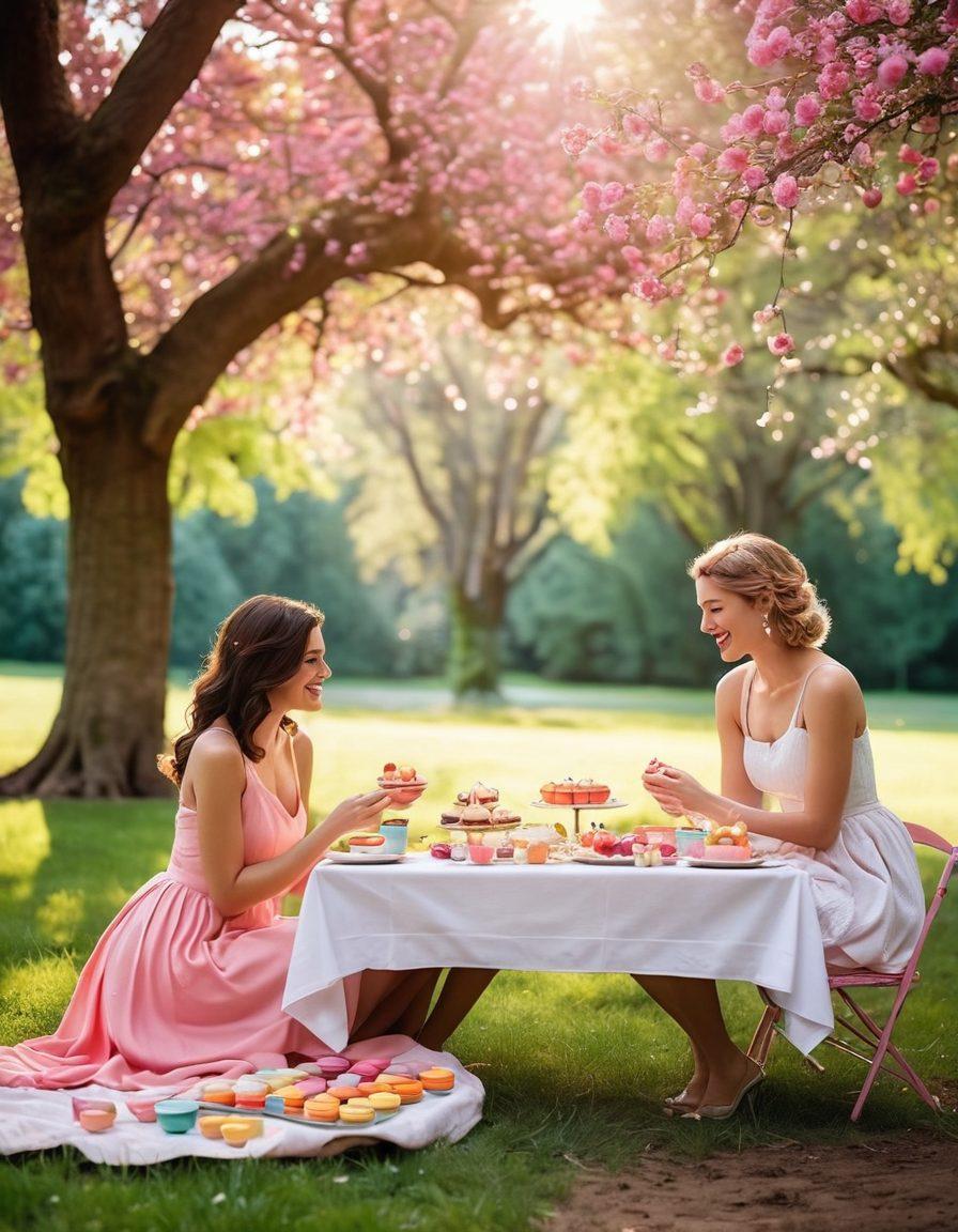 A whimsical picnic setting with a beautifully laid out table dotted with colorful desserts like macarons, cupcakes, and chocolates, surrounded by blooming flowers and soft sunlight filtering through the trees. Two silhouetted figures leaning in towards each other, sharing a playful laugh over a dessert, creating an intimate and romantic ambiance. The scene conveys warmth and flirtation, inviting viewers into a love story sparked by sweet treats. vibrant colors. soft focus. enchanting atmosphere.